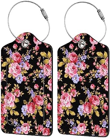 2-Pack Luggage Tags w/Privacy Flap, Name ID Label and Metal Loop, Pink and Blue Rose Flowers
