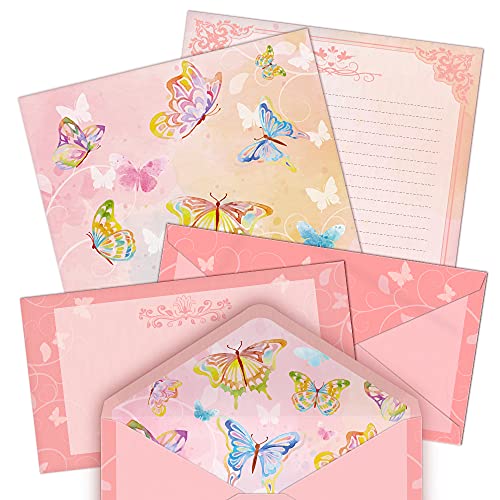 Watercolor Butterfly Writing Stationery Paper, 24 Lined 8.5 x 11-inch Heavy-Weight Sheets w/Envelopes