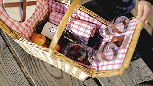Plaid Piccadilly Willow Picnic Basket for Two People, with Plates, Wine Glasses, Cutlery, and Corkscrew