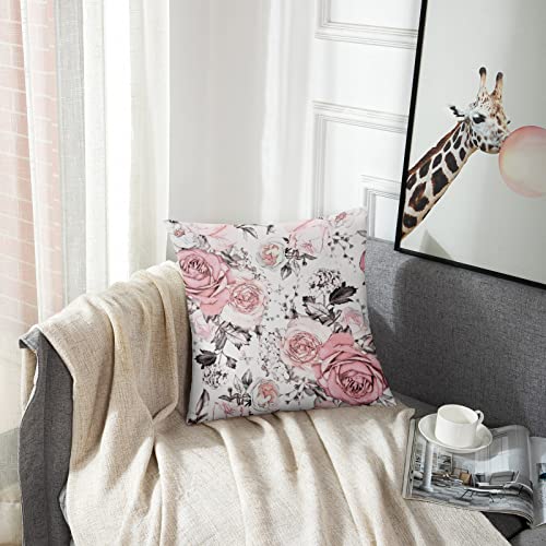 Golee Throw Pillow Cover Gray Abstract with Pink Flowers and Leaves on White Watercolor Floral Pattern Rose in Pastel Color Decorative Pillow Case Home Decor Square 18x18 Inches Pillowcase