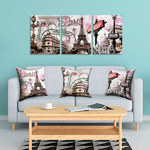 Romantic City of Paris Prints 3-Piece Flannel Home Decor Pillow Cushion Covers, Pink and Brown
