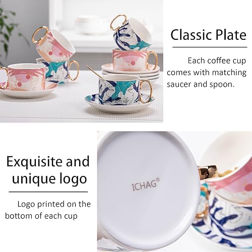 ICHAG Cups and Saucers Set of 6, Coffee Mugs, Tea Cups Set with Bowknot, Tea Set, 18-piece, Cup with 8.4oz, Golden Spoon, For Tea Party, Christmas Gifts, Gifts for Home Office