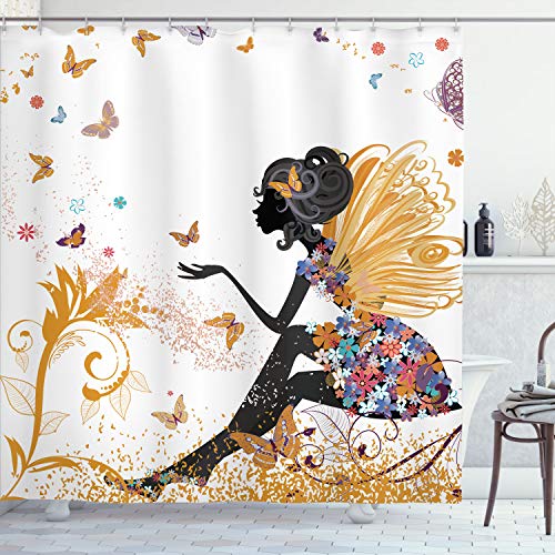 Ambesonne Fantasy Shower Curtain, Spring Girl Wings in a Floral Dress Surreal Garden Butterflies Print, Cloth Fabric Bathroom Decor Set with Hooks, 69" W x 84" L, Earth Yellow