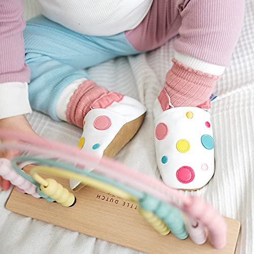 Dotty Fish Soft Leather Infant Shoes Girls pre-Walkers. White with Multicoloured Dots. 0-6 Months