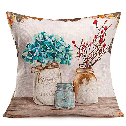 Smilyard French Vintage Rustic Pillow Covers Plant Floral Pink Peach Blossom Blue Hyacinth Print Throw Pillowcase Cotton Linen Cushion Cover Square for Home 18x18 Inch Set of 4 (Rustic Flower Set)