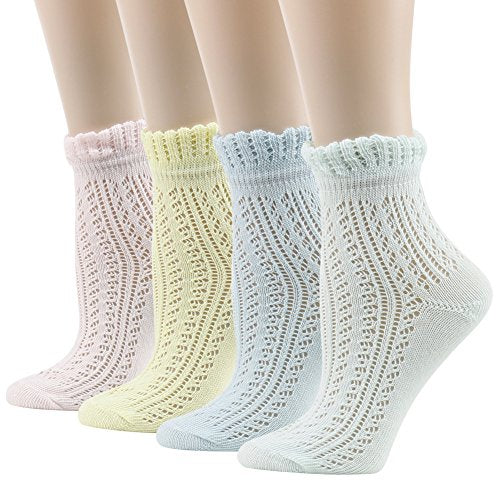 Women's Pointelle Anklet Socks,Funcat Funky Art Patterned Sexy Colorful Crochet Cable Knit Ankle Casual Socks 4 Pairs Novelty Gift
