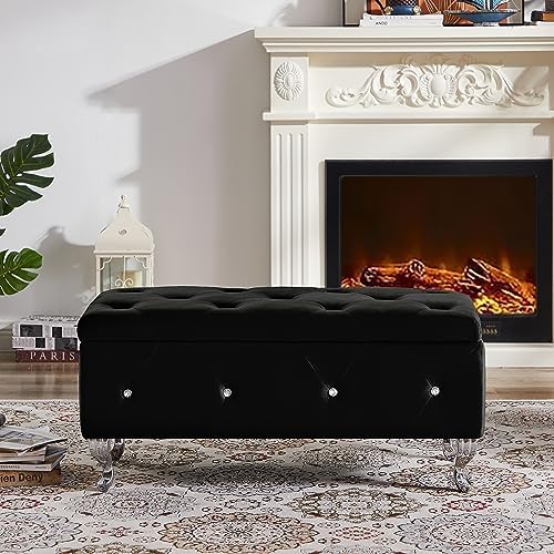 Storage Ottoman Bench, Velvet Upholstered Ottoman Flip Top Entryway Bench Seat with Safety Hinge, Storage Chest with Padded Seat, Luxury Shoe Bed End Stool for Hallway Living Room Bedroom (Pink)