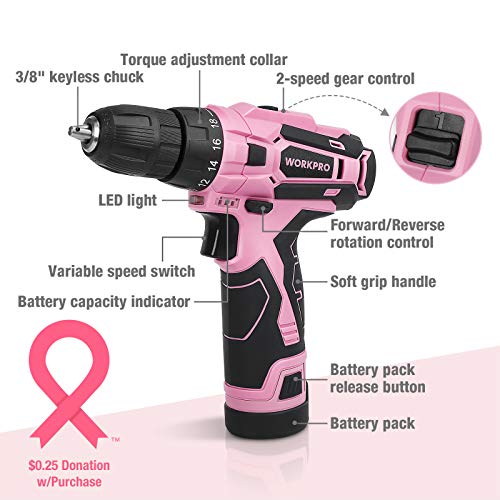 WORKPRO 12V Pink Cordless Drill and Home Tool Kit, 61 Pieces, Storage Bag Included