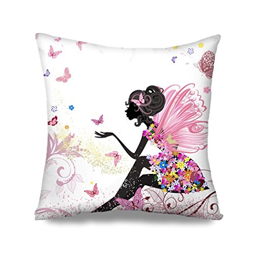 HGOD DESIGNS Flower Fairy Girl with Pink Wing Elves and Butterflies Throw Pillow Case Cushion Cover Fashion Home Decorative Sofa Bedroom Pillowcase Gift Double Sides Printed 18x18