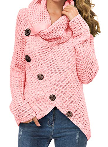 GRECERELLE Women's Casual Turtle Cowl Neck Asymmetric Hem Wrap Pullover Chunky Button Knit Sweater Pink-Medium