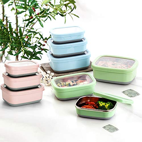 Lille Home Premium Stainless Steel Food Containers/Bento Lunch Box With Anti-Slip Exterior, Set of 3, 470ML, 900ML,1.4L, Leakproof, BPA Free, Portion Control, Pink