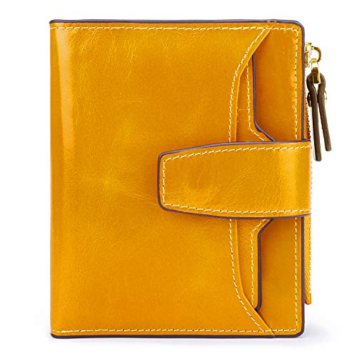 AINIMOER Women's RFID Blocking Leather Small Compact Bi-fold Zipper Pocket Wallet Card Case Purse(Waxed Yellow)