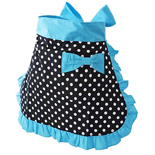 Waist Apron Cute Vintage 50’s Cooking Kitchen Retro Lovely Ruffle Apron with Pockets for Women Girls (Blue)