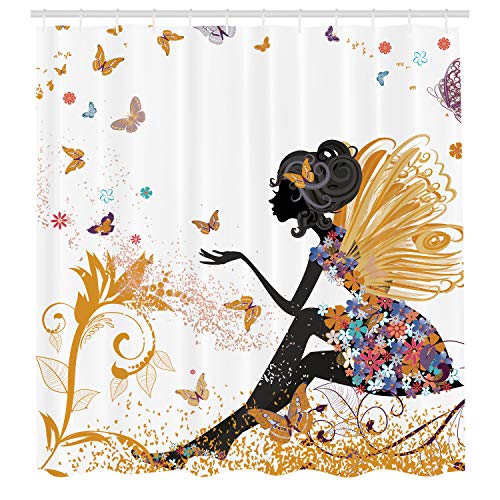 Ambesonne Fantasy Shower Curtain, Spring Girl Wings in a Floral Dress Surreal Garden Butterflies Print, Cloth Fabric Bathroom Decor Set with Hooks, 69" W x 84" L, Earth Yellow