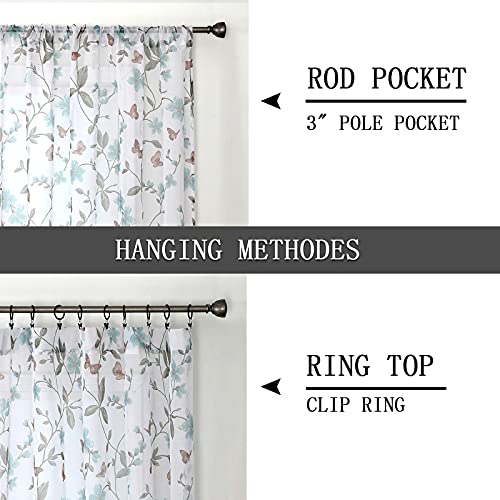 Tollpiz Short Sheer Floral Tier Curtains Blue Flower Butterfly Printed Half Window Curtain Rod Pocket Kitchen Voile Faux Linen Curtains for Bathroom, 30 x 24 inches Long, Set of 2 Panels