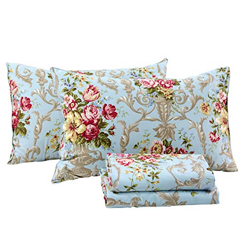 FADFAY Shabby Floral Bedding Elegant Peony Sheets Set Luxury Bedding Collections 800 Thread Count 100% Egyptian Cotton Deep Pocket, 4 Piece-Twin Size