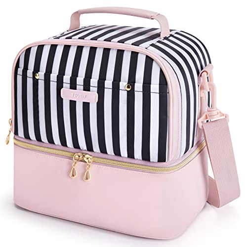 TOURIT Lunch Bag Women Double Deck Lunch Box Insulated Lunch Cooler for Women Men Work, School, Pink Stripes