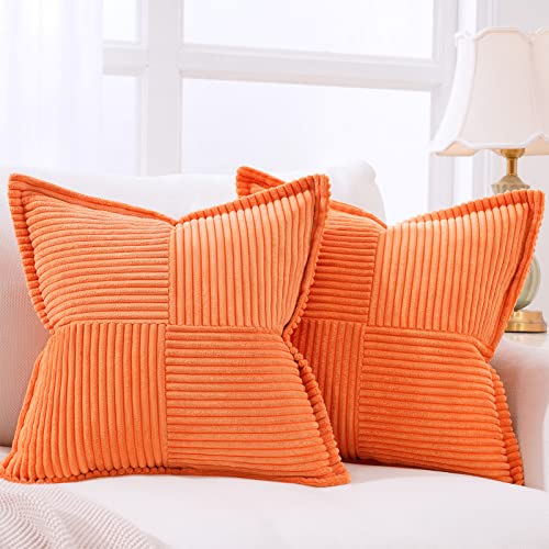 Topfinel Fall Broadside Throw Pillow Cover with Splicing 18x18 Inch（45x45cm） Set of 2, Orange Soft Corduroy Square Decorative Pillow Covers Cushion Case for Couch Sofa Bedroom Living Room