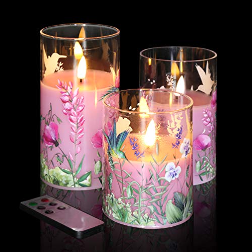 Hummingbird Pink Floral Glass Flameless LED Candles with Remote, 3 Pack Gift Set