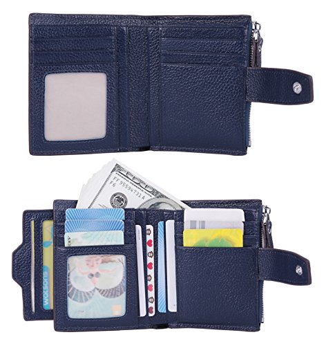 AINIMOER Women's RFID Blocking Leather Small Compact Bi-fold Zipper Pocket Wallet Card Case Purse (Lichee Navy Blue)