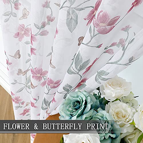 Tollpiz Short Sheer Floral Tier Curtains Pink Flower Butterfly Printed Half Window Curtain Rod Pocket Kitchen Voile Faux Linen Curtains for Bathroom, 30 x 24 inches Long, Set of 2 Panels