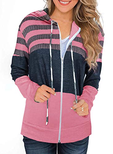 GOLDPKF Womens Sweater Zip up Sweaters for Women Lightweight Pullover Women Hoodie Sweaters for Women Color Block Striped Hoodie Women Rose Pink Small
