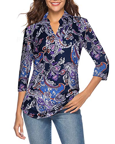 CEASIKERY Women's 3/4 Sleeve Floral V Neck Tops Casual Tunic Blouse Loose Shirt 008