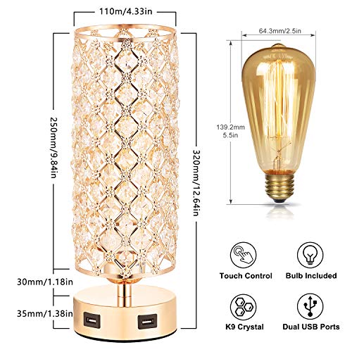 Touch Control USB Crystal Table Lamp Sets, Dimmable Nightstand Lamp with Dual USB Charging Ports, 3-Way USB Gold Lamp, Bedside Desk Light for Bedroom Living Room Home Office(Bulb Included&Set of 2)