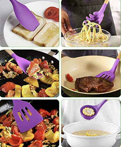 Kitchen Cooking Utensils Set 12 Pieces Silicone Wooden Handle High Heat Resistance Premium Silicone Kitchen Gadgets Spatula Set with Holder BPA Free (Purple)