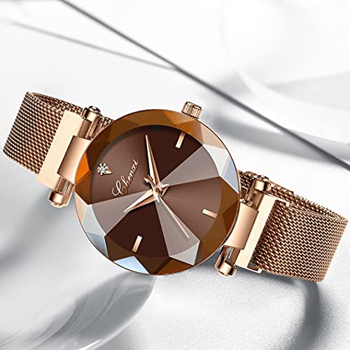 Women's Watches Fashion Shine Crystal Cutting Mirror Wrist Watch Rose Gold Stainless Steel Mesh Band Waterproof Analog Quartz Watches (Brown)