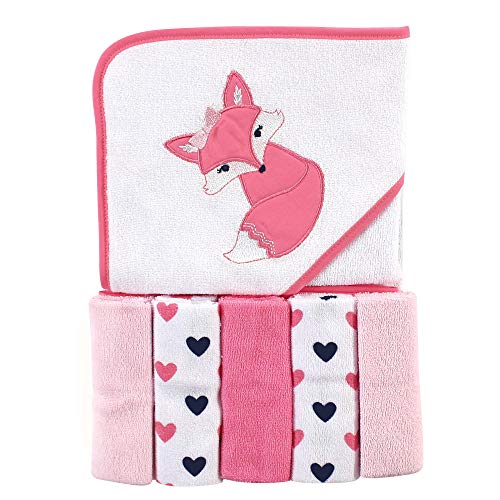 Unisex Baby Hooded Towel with Five Washcloths, Pink Fox