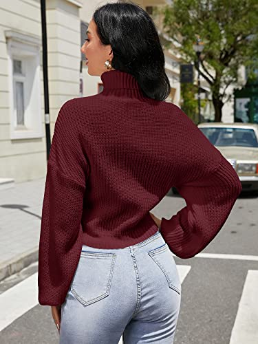 ZAFUL Women's Cropped Turtleneck Sweater Lantern Sleeve Ribbed Knit Pullover Sweater Jumper (2-Wine Red, M)