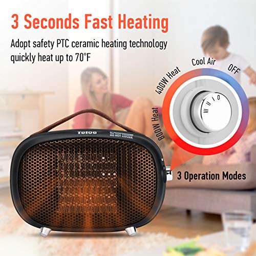 Space Heater, Teioe Mini Electric Space Heater 800W/400W, Small PTC Ceramic Heater with Tip-Over and Overheat Protection, 3 Operating Modes, Space Heaters for Office, Bedroom and Under Desk (BLACK)