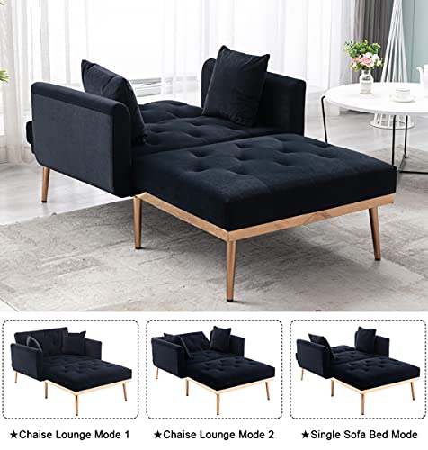 Velvet 2 in 1 Chaise Lounge Chair Indoor, Modern Single Sofa Bed with Two Pillows, Recliner Chair with 3 Adjustable Angles, Convertible Sleeper Chair for Living Room and Bedroom (Black)