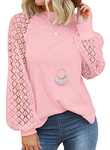 MIHOLL Women’s Long Sleeve Tops Lace Casual Loose Blouses T Shirts Pink