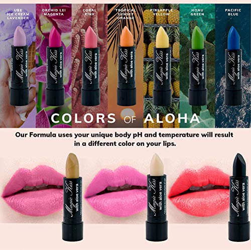 Pack of 6 Magic Kiss Color Changing Aloe Vera Lipstick Set Made in USA (Colors of Aloha 6)