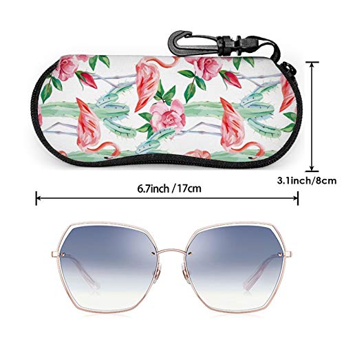 Pink Flamingo Eyeglasses Case With Carabiner Watercolor Cactus Red Roses Sunglasses Soft Case Ultra Lightweight Neoprene Zipper Eyewear Soft Bag