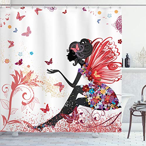 Ambesonne Fantasy Shower Curtain, Spring Girl Wings in a Floral Dress Surreal Garden Butterflies Print, Cloth Fabric Bathroom Decor Set with Hooks, 69