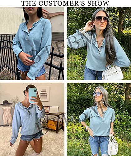BTFBM Women's Sweaters Casual Long Sleeve Button Down Crew Neck Ruffle Knit Pullover Sweater Tops Solid Color Striped (Solid Sky Blue, Medium)