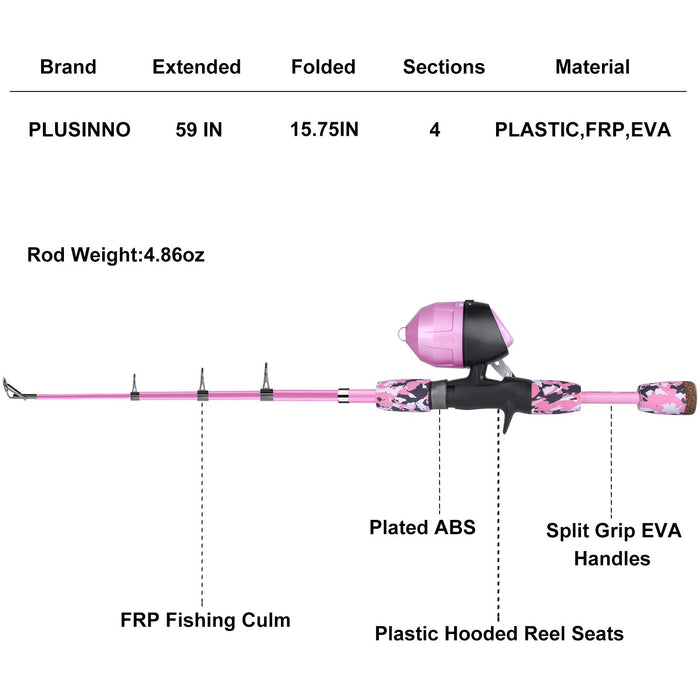 PLUSINNO Kids Fishing Pole with Spincast Reel Telescopic Fishing Rod Combo Full Kits for Boys, Girls, and Adults (Pink, 120cm 47.24In)