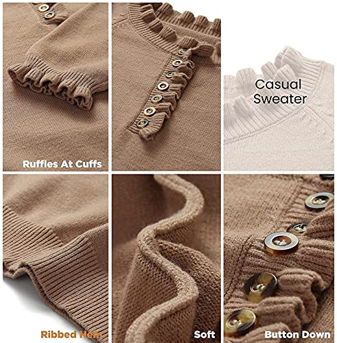 BTFBM Women's Sweaters Casual Long Sleeve Button Down Crew Neck Ruffle Knit Pullover Sweater Tops Solid Color Striped(Solid Khaki, Medium)