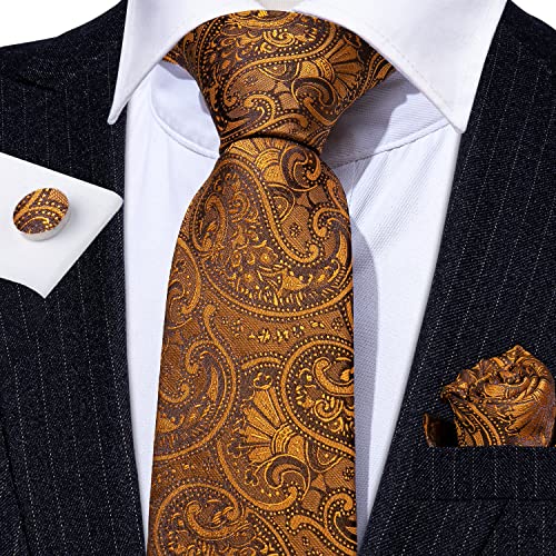 Barry.Wang Mens Paisley Tie Silk Jacquard Gold Copper Fashion Business Necktie Pocket Square Cufflinks Formal Wedding