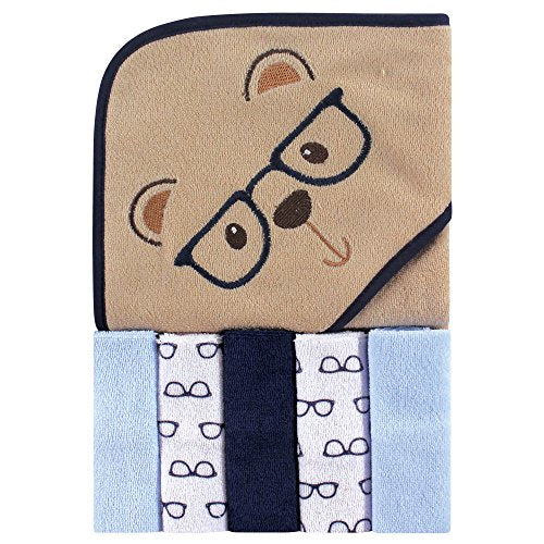 Unisex Baby Hooded Towel with Five Washcloths, Smart Brown Bear