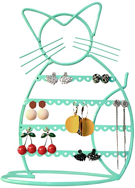 50-Pair Cat-Shaped Earring Stand with Wood Base - Pink