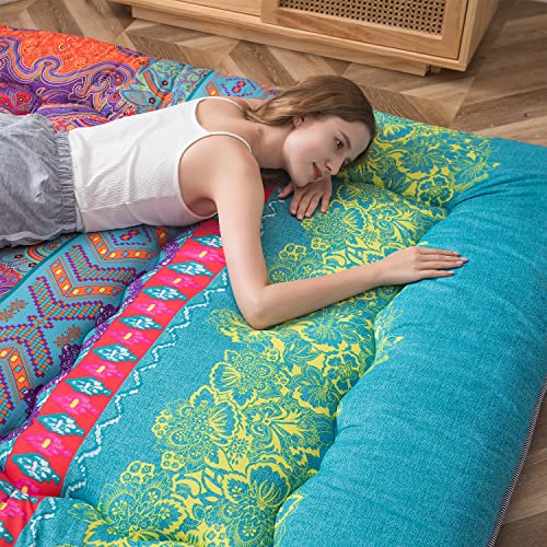 Bohemian Retro Floor Mattress Boho Floral Style Japanese Futon Mattress Tatami Floor Mat Foldable Bed Portable Camping Mattress Sleeping Pad Floor Lounger Couch Bed Twin Size
