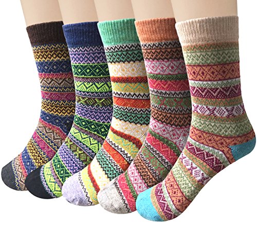 Loritta 5 Pairs Womens Vintage Style Winter Warm Thick Knit Wool Cozy Crew Socks, Multicolor