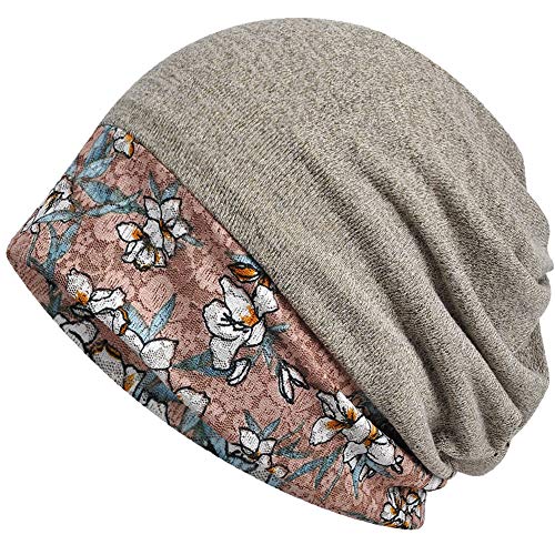 Cotton Beanie Flower Lace Turban, Sleep Cap, Chemo Cap, Slouchy Hat (2 Pack)