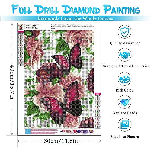 Burgundy Butterflies & Roses Diamond Painting Kit for Adults & Children, 5D Full Drill Round