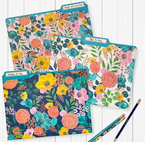 Thick & Sturdy Reversible Garden Blooms Tabbed File Folders w/Sticker Labels, Set of 9