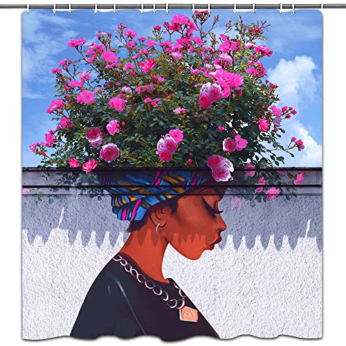 African American Woman Roses Headdress Afro Art Shower Curtain Set w/12 Hooks